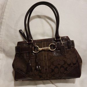 COACH BROWN LOGO SHOULDER BAG WITH TOP ZIPPER, SILVER HARDWARE